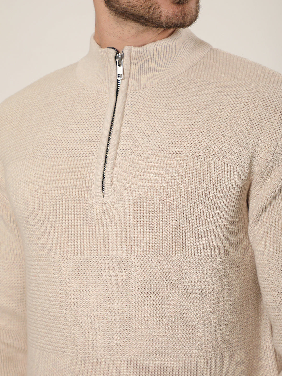 cobb beige self-design round neck half-zipper sweater