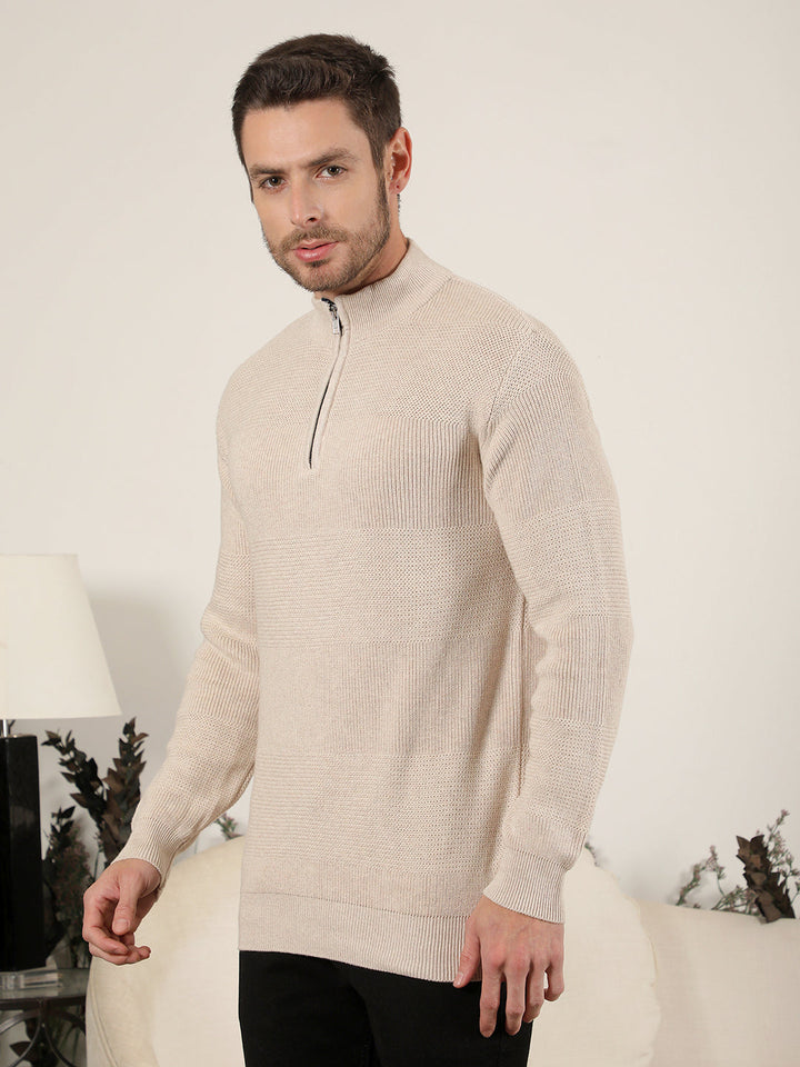 COBB BEIGE SELF-DESIGN ROUND NECK HALF-ZIPPER SWEATER