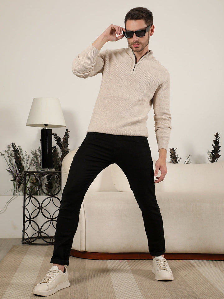 COBB BEIGE SELF-DESIGN ROUND NECK HALF-ZIPPER SWEATER