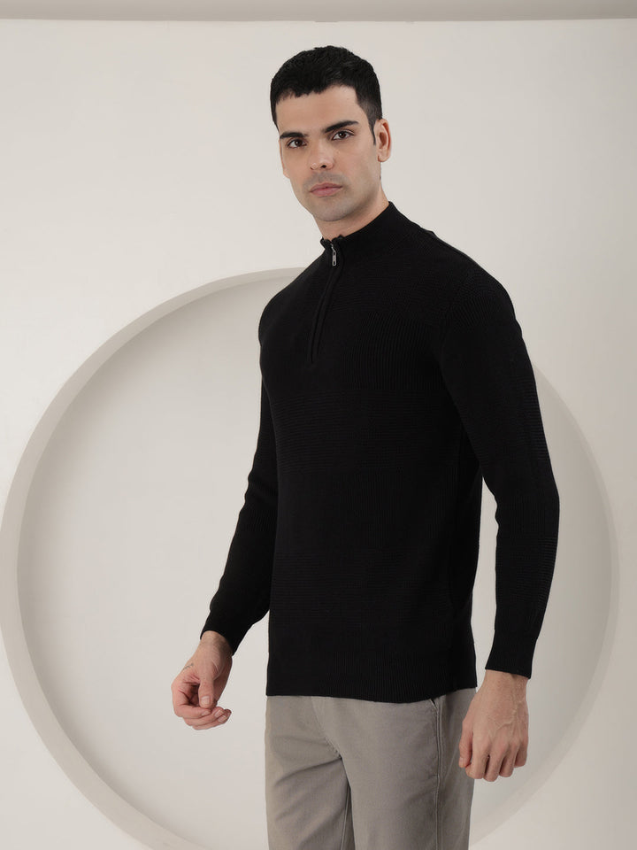 COBB BLACK SELF-DESIGN ROUND NECK HALF-ZIPPER SWEATER