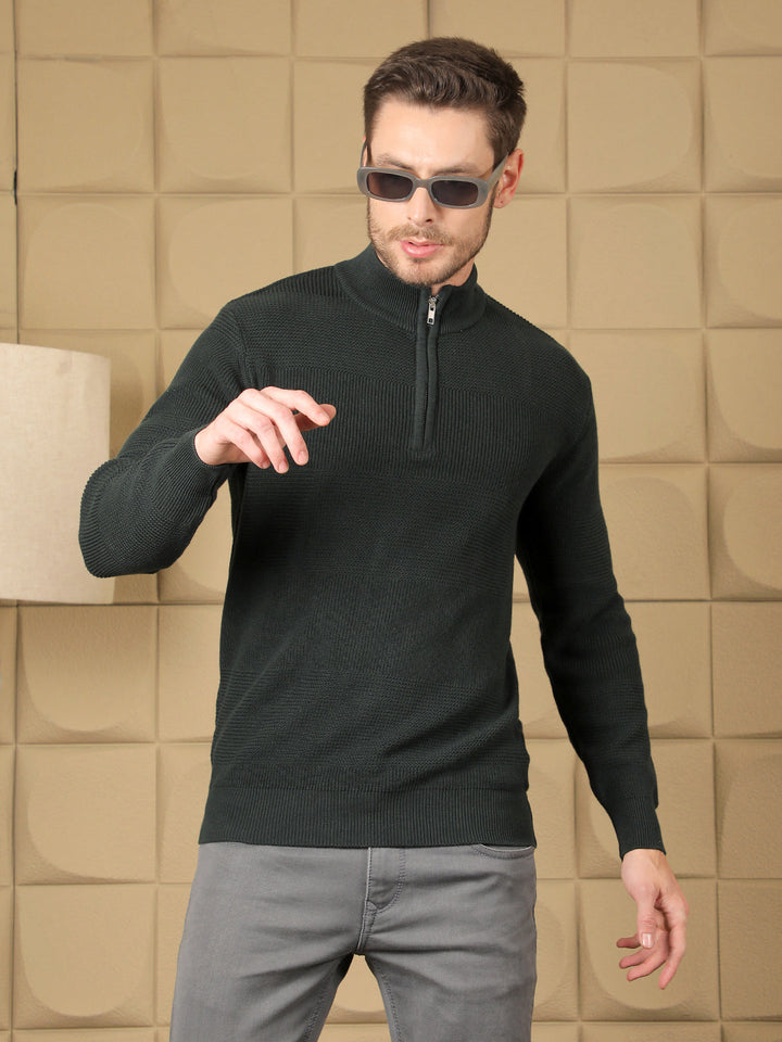 cobb bottle green self-design round neck half-zipper sweater