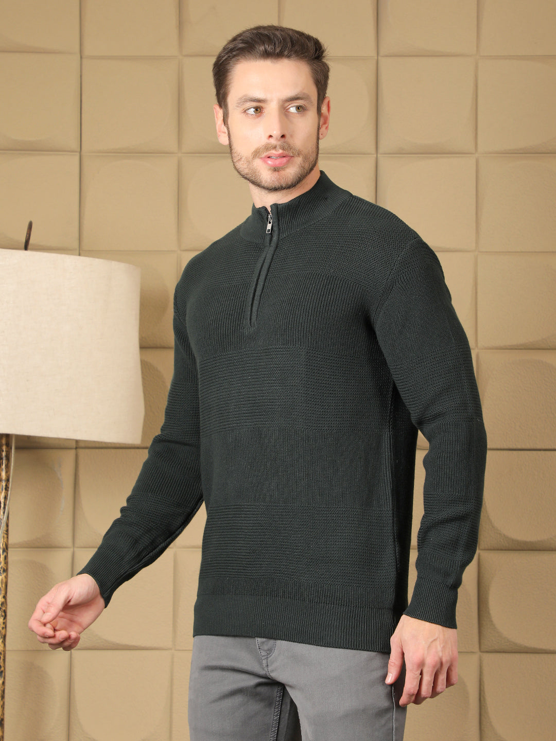 COBB BOTTLE GREEN SELF-DESIGN ROUND NECK HALF-ZIPPER SWEATER