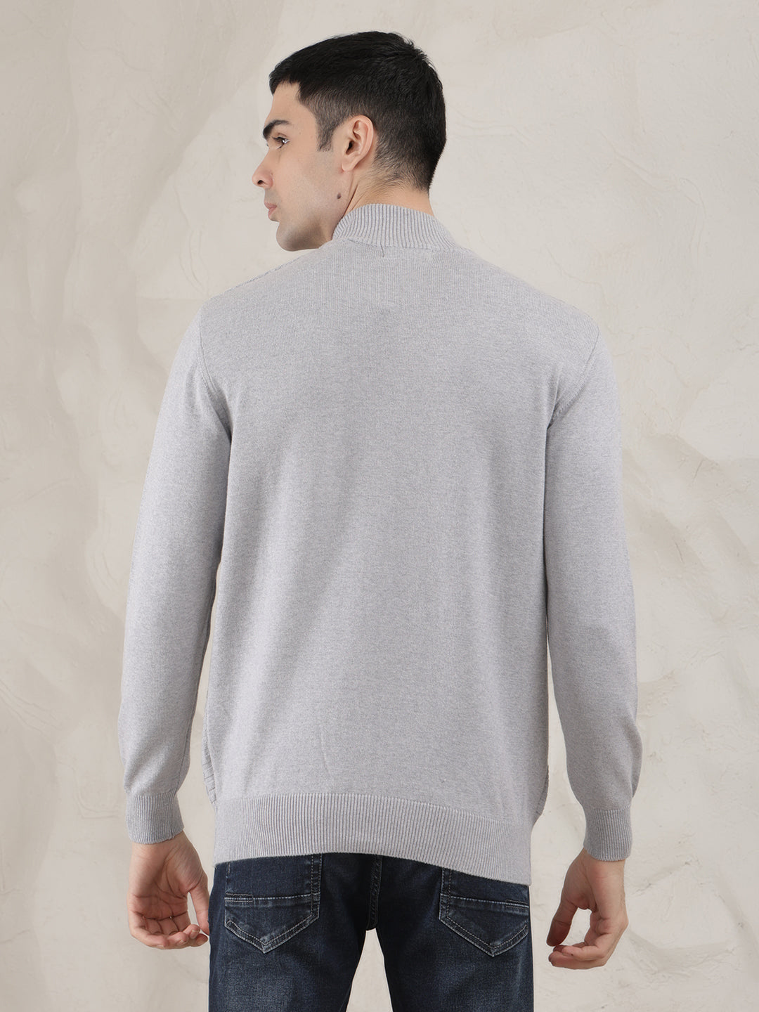 cobb light grey self-design round neck half-zipper sweater