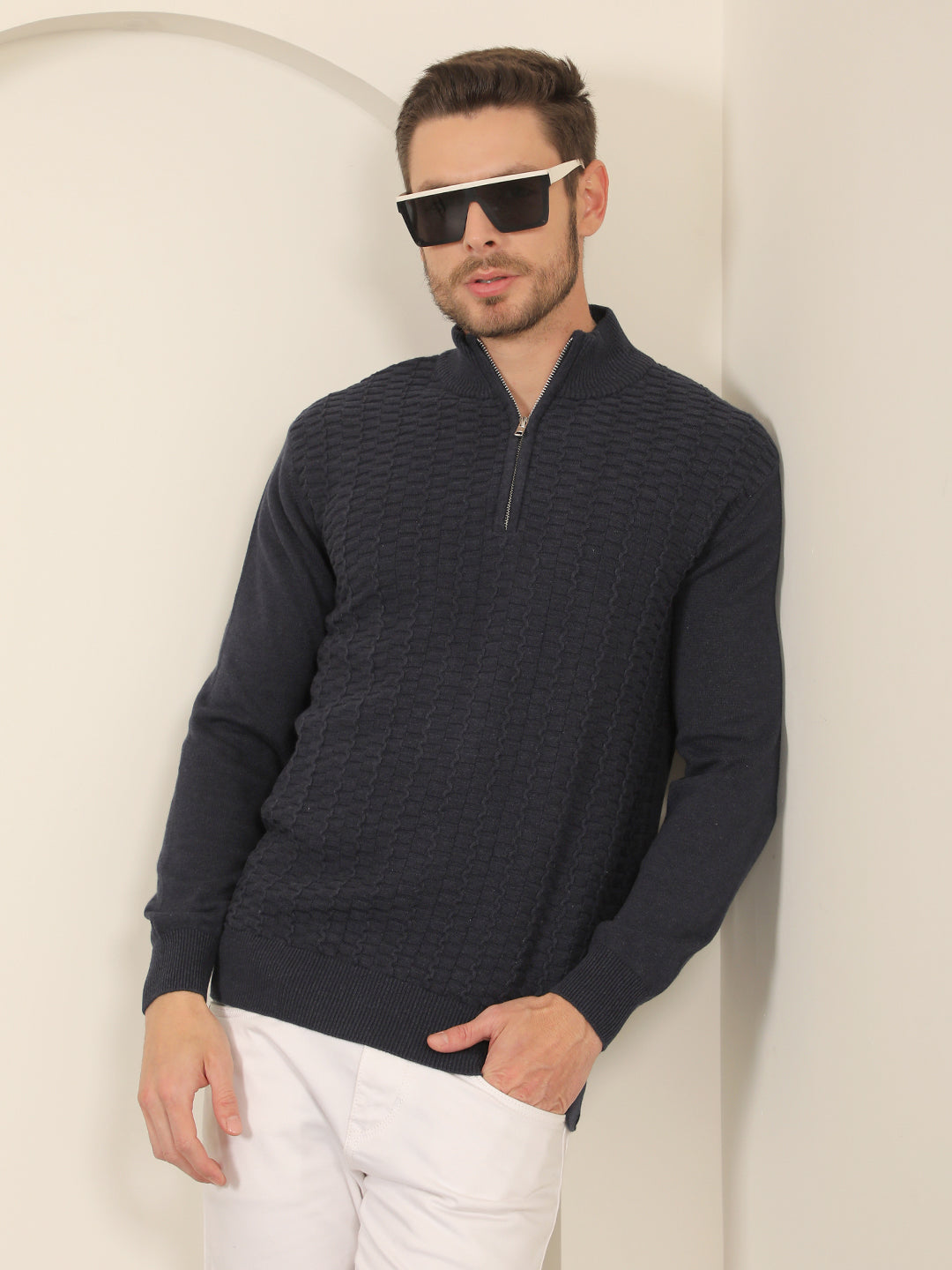 cobb navy blue self-design round neck half-zipper sweater