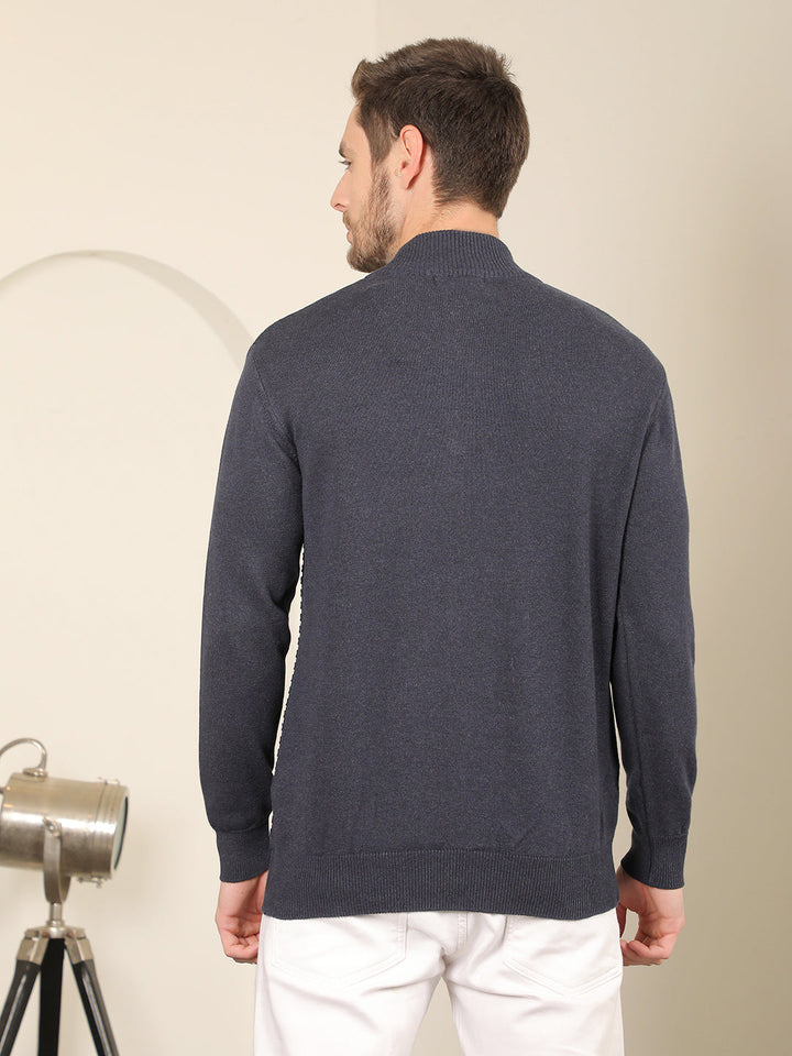 cobb navy blue self-design round neck half-zipper sweater