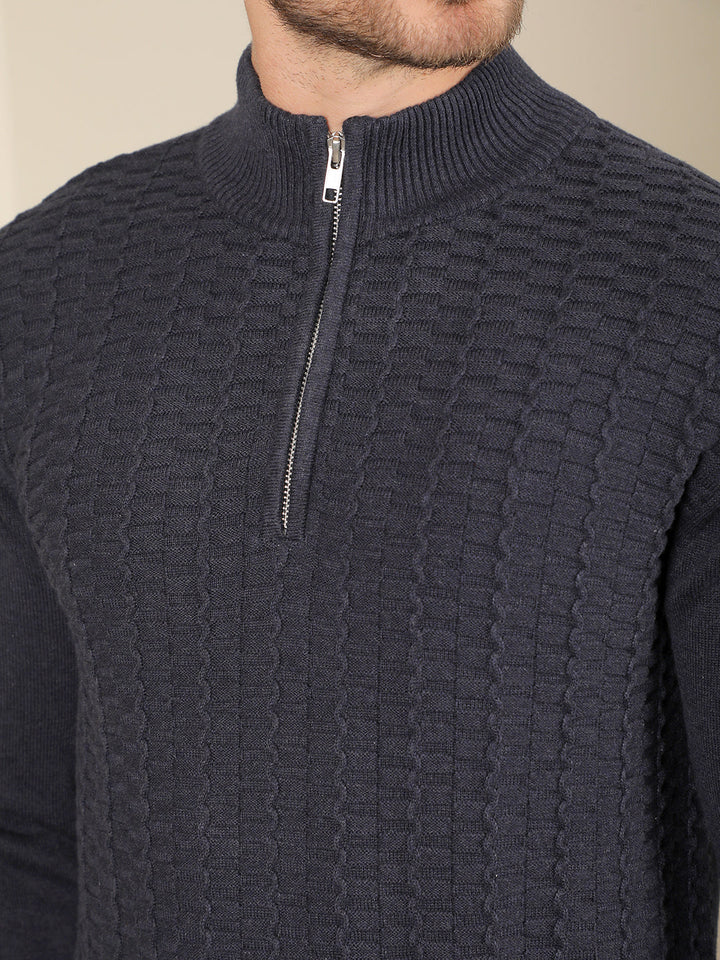 cobb navy blue self-design round neck half-zipper sweater