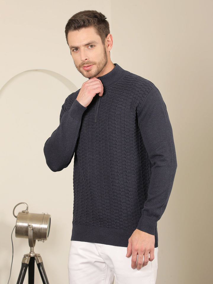 COBB NAVY BLUE SELF-DESIGN ROUND NECK HALF-ZIPPER SWEATER