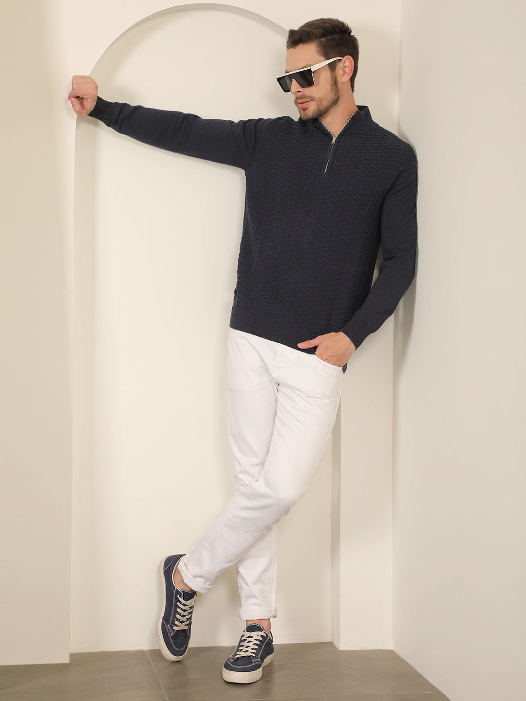 COBB NAVY BLUE SELF-DESIGN ROUND NECK HALF-ZIPPER SWEATER