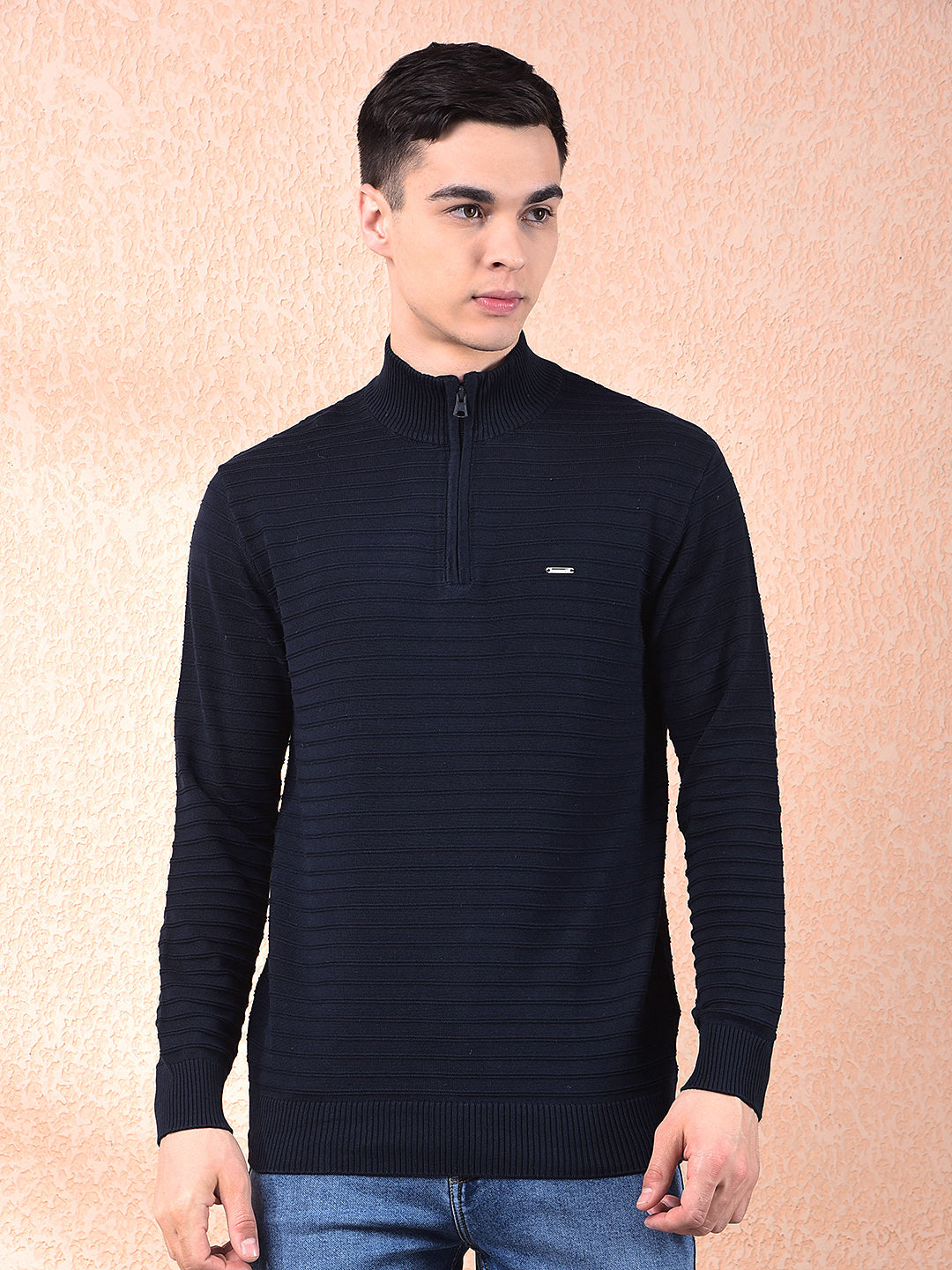 cobb navy blue striped zipper sweater