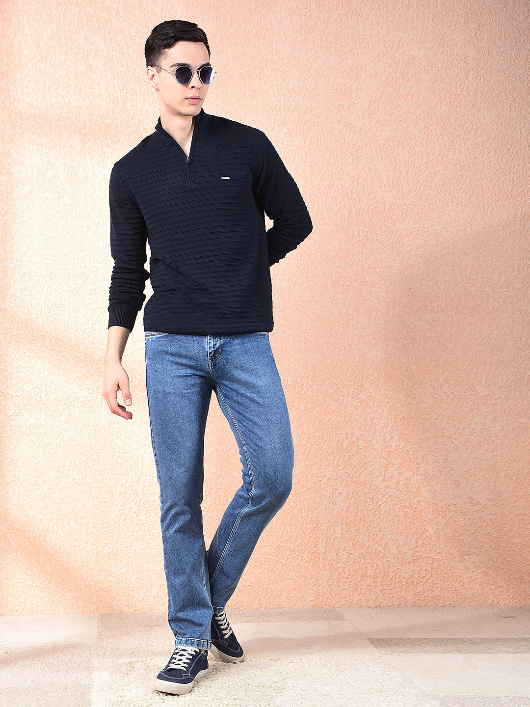 COBB NAVY BLUE STRIPED ZIPPER SWEATER