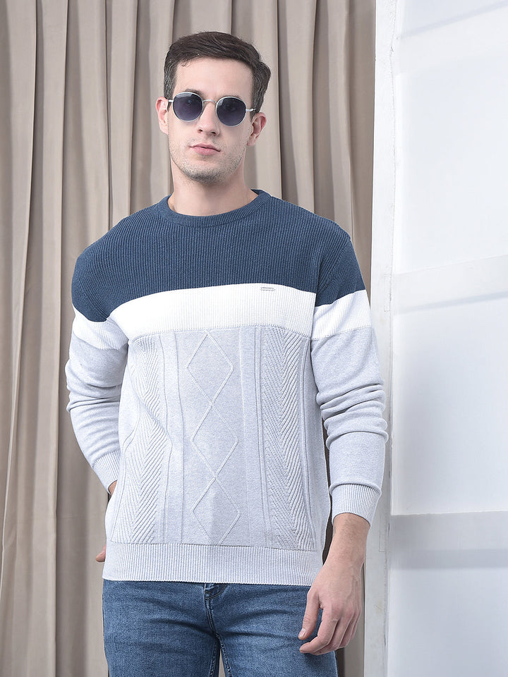 cobb light grey color-block round neck sweater