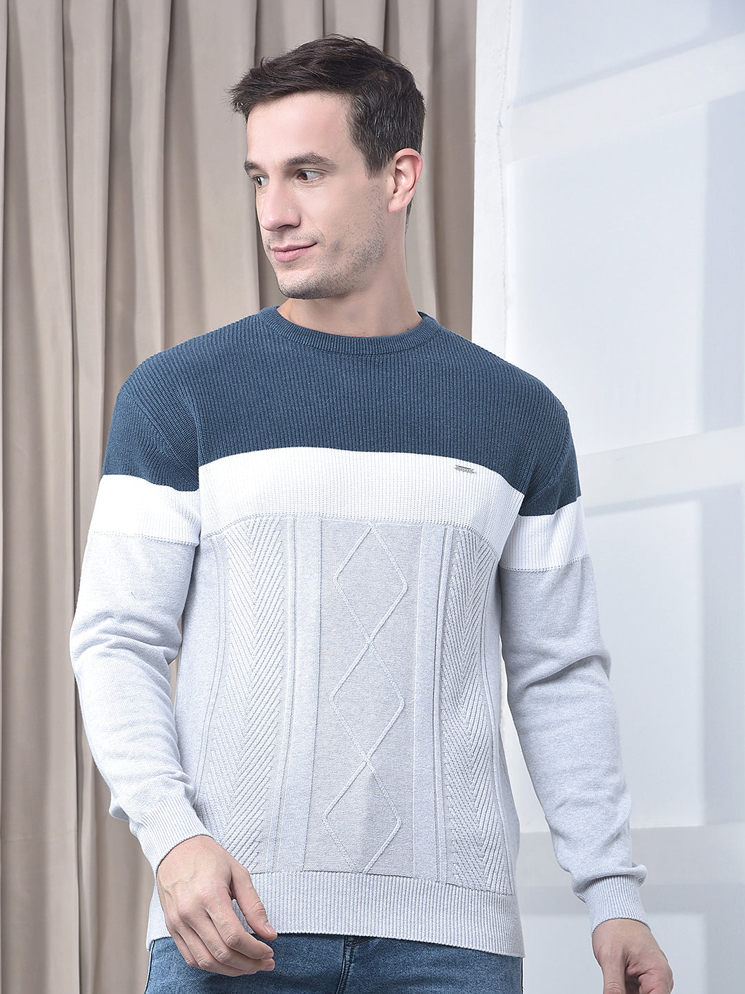 cobb light grey color-block round neck sweater