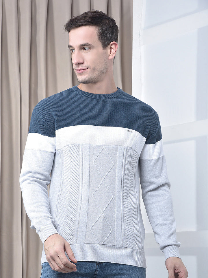 cobb light grey color-block round neck sweater