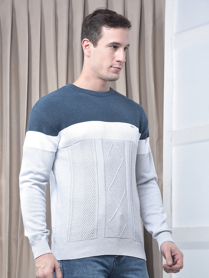 cobb light grey color-block round neck sweater
