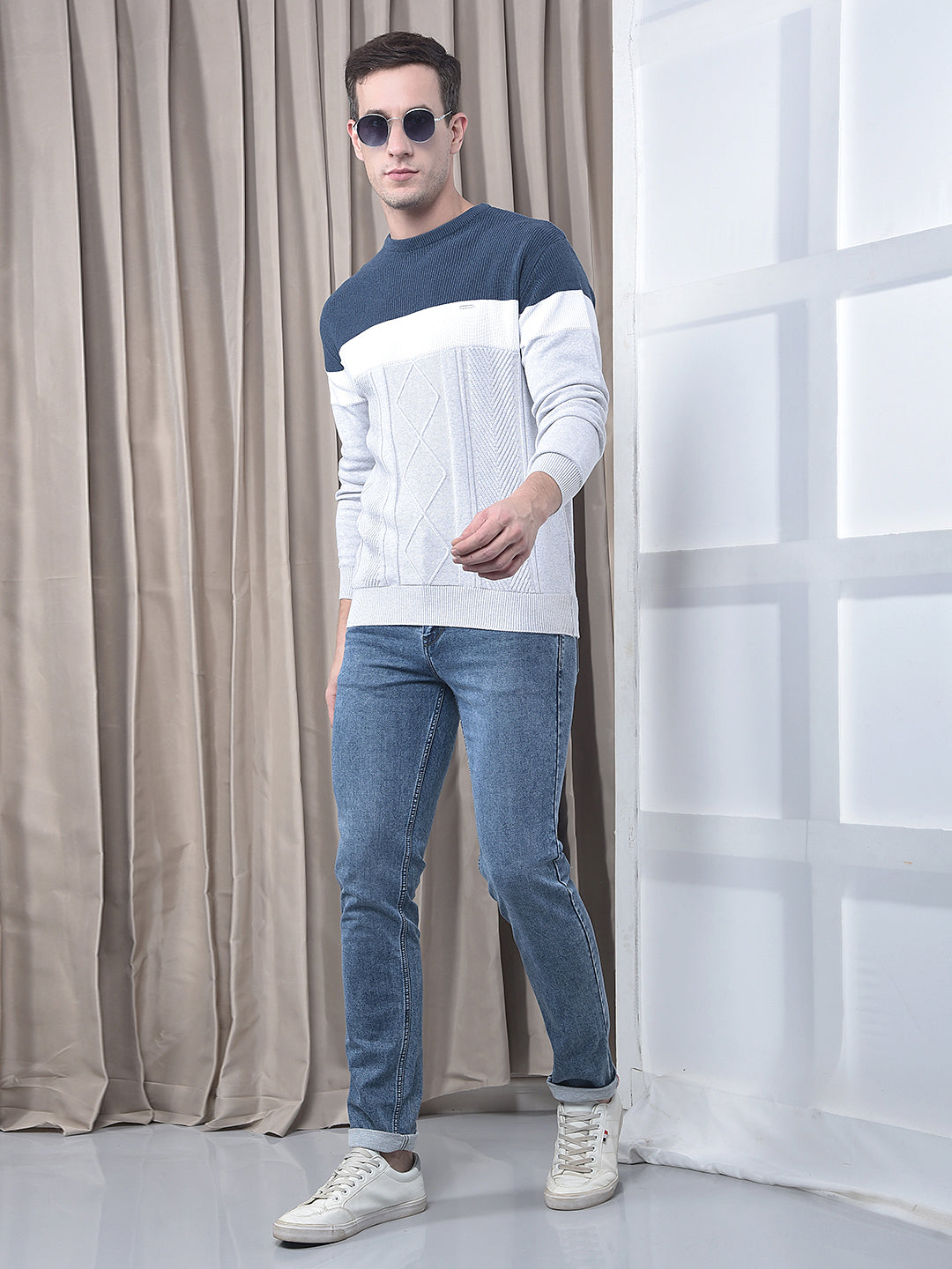 COBB LIGHT GREY COLOR-BLOCK ROUND NECK SWEATER