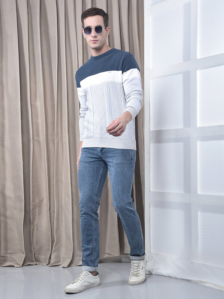 COBB LIGHT GREY COLOR-BLOCK ROUND NECK SWEATER