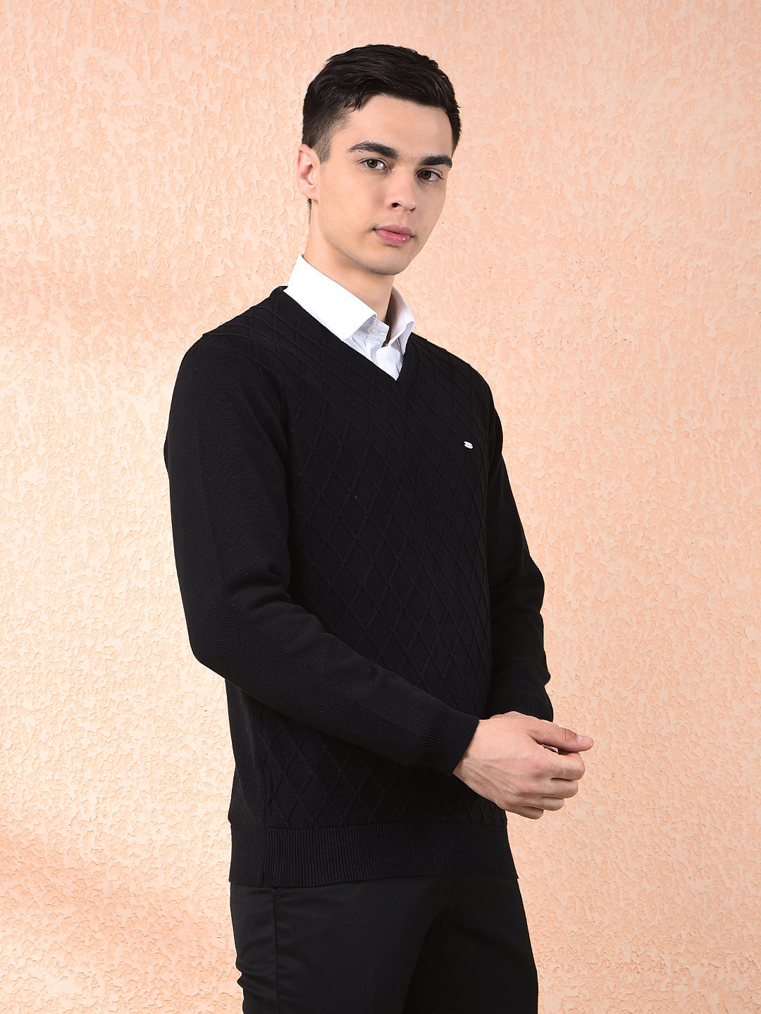 COBB BLACK SELF-DESIGN V-NECK SWEATER