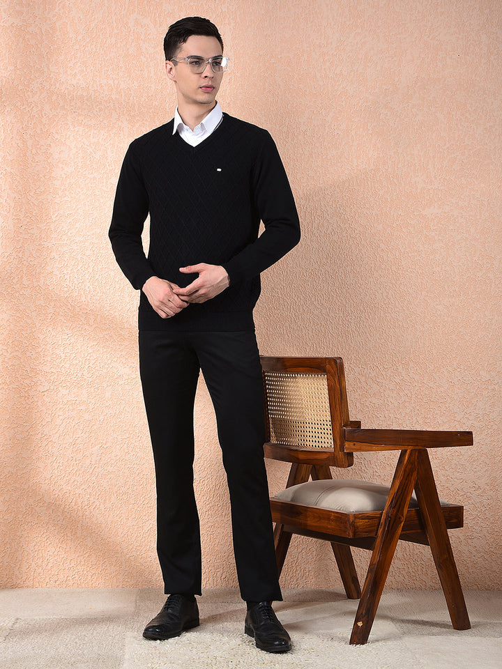 COBB BLACK SELF-DESIGN V-NECK SWEATER