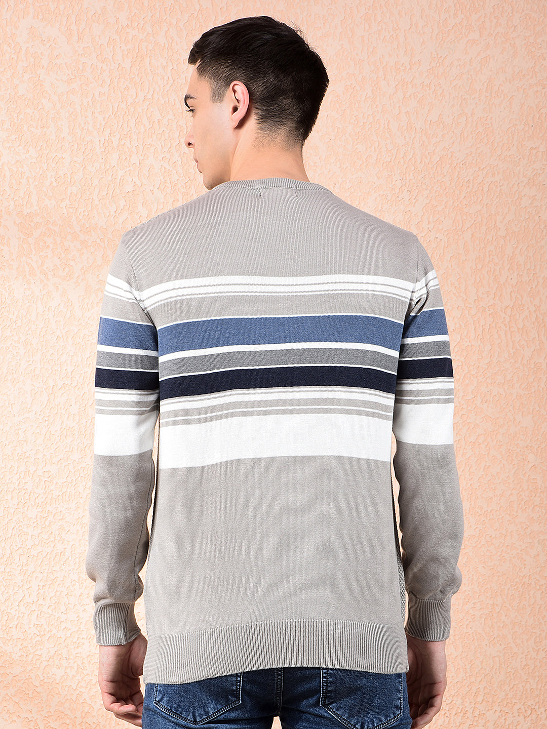 cobb ash grey striped round neck sweater