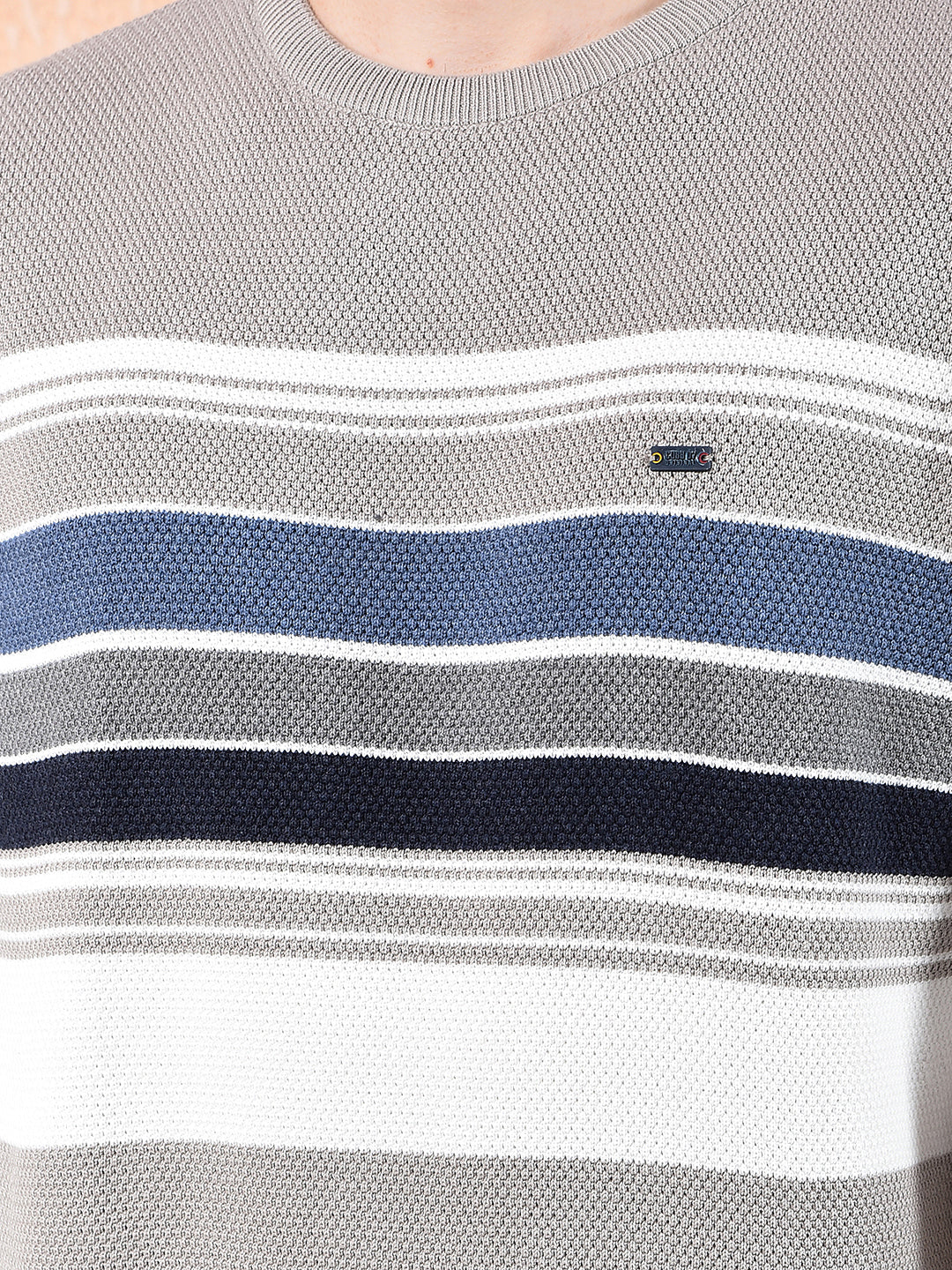 cobb ash grey striped round neck sweater
