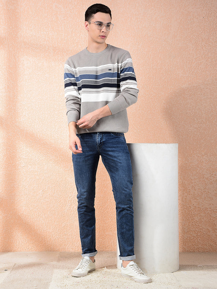 COBB ASH GREY STRIPED ROUND NECK SWEATER