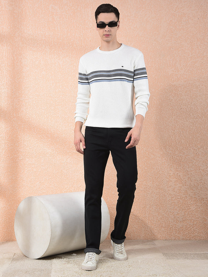 COBB OFF WHITE STRIPED ROUND NECK SWEATER