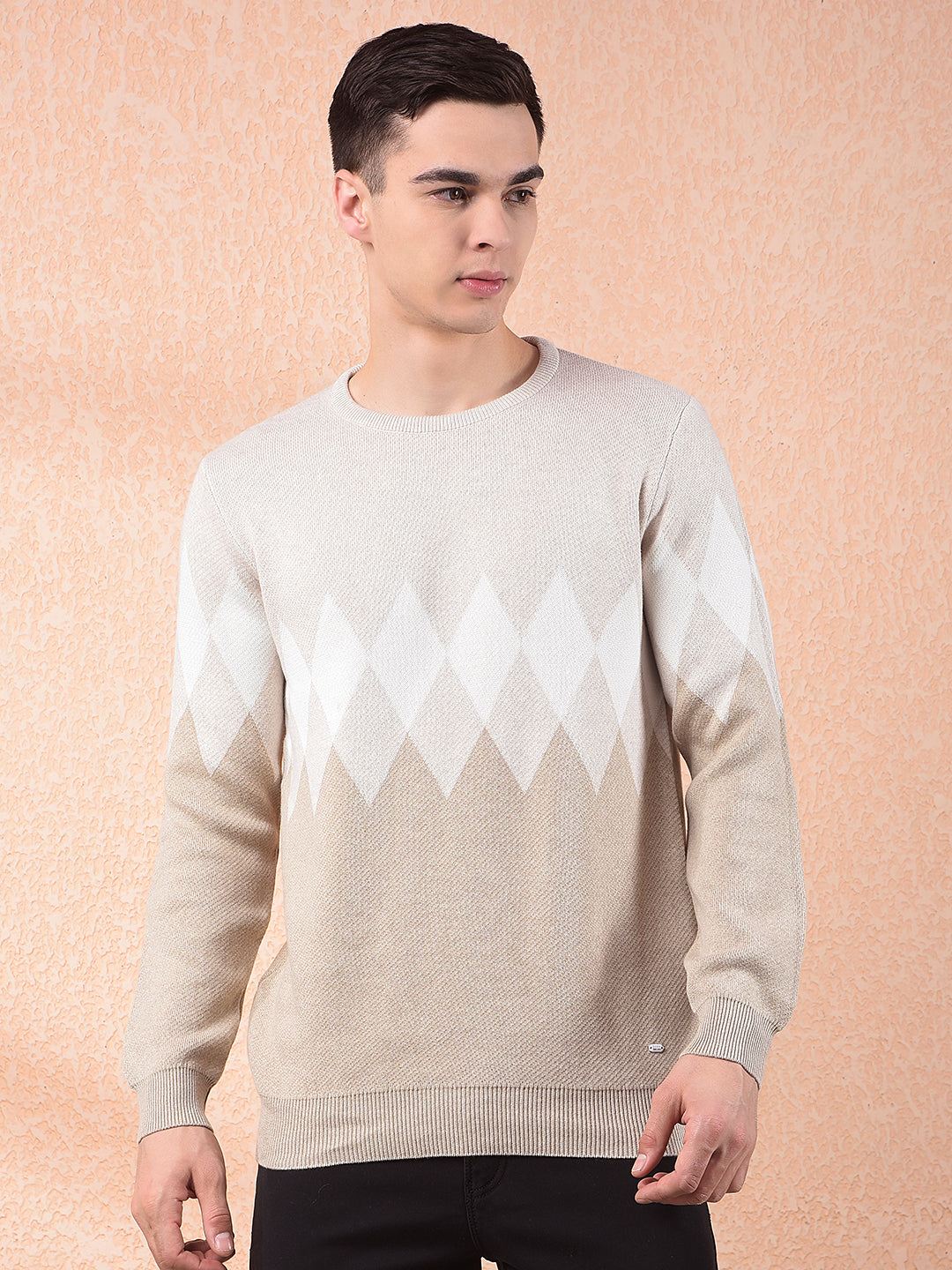 cobb beige self-design round neck sweater