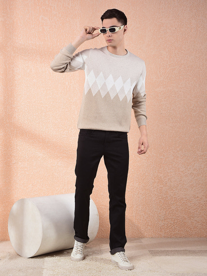 cobb beige self-design round neck sweater