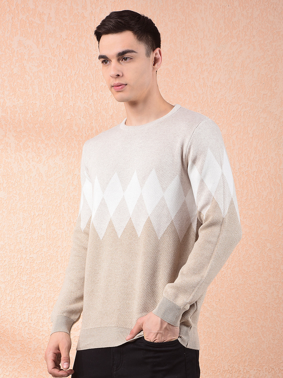 COBB BEIGE SELF-DESIGN ROUND NECK SWEATER