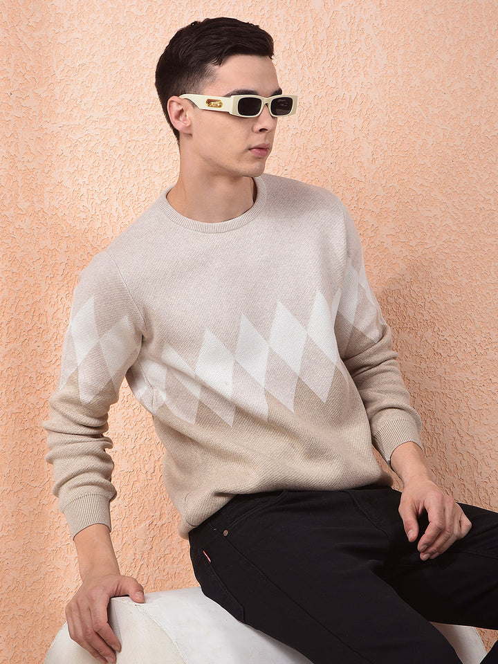 COBB BEIGE SELF-DESIGN ROUND NECK SWEATER