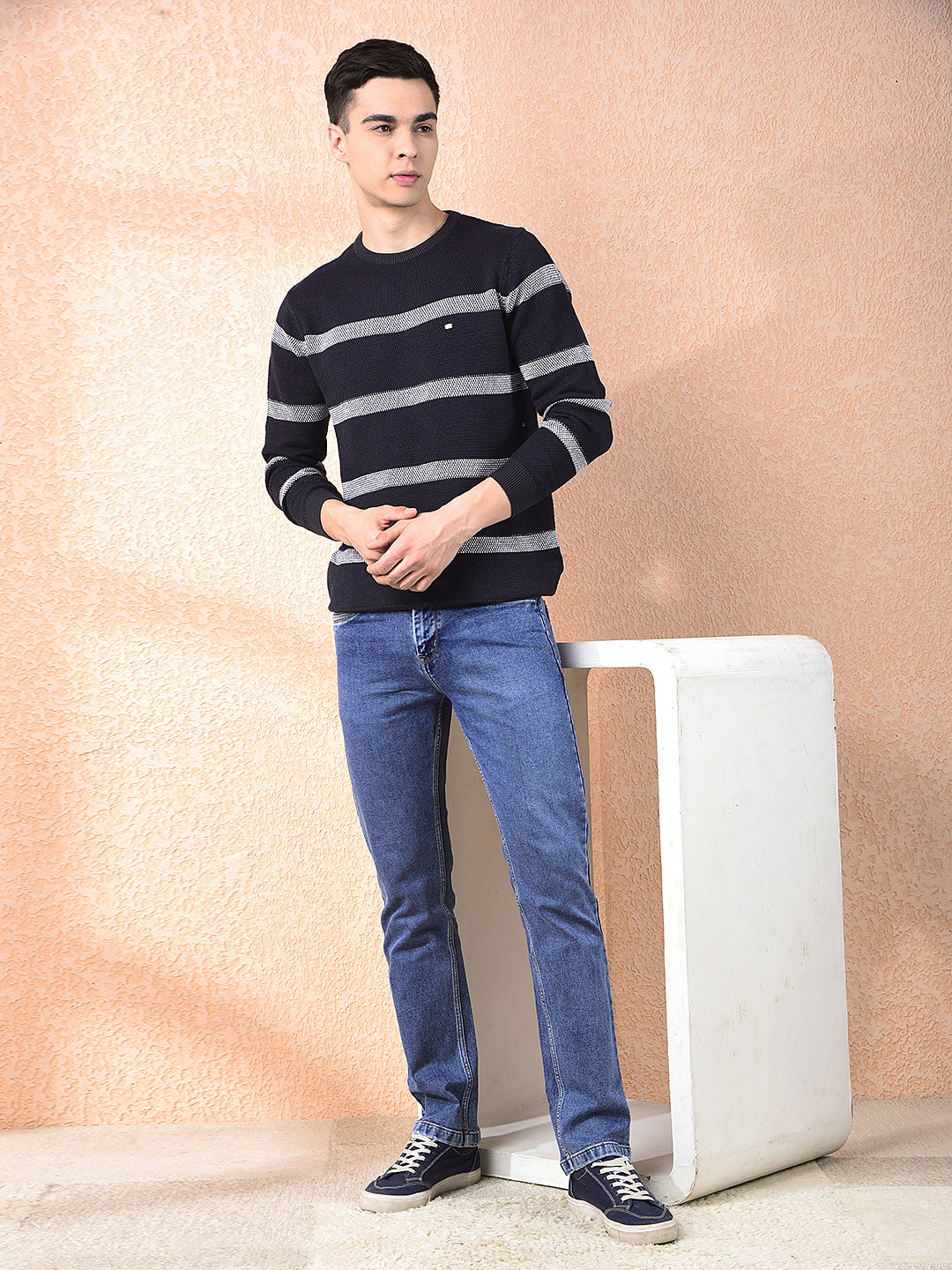cobb navy blue striped round neck sweater