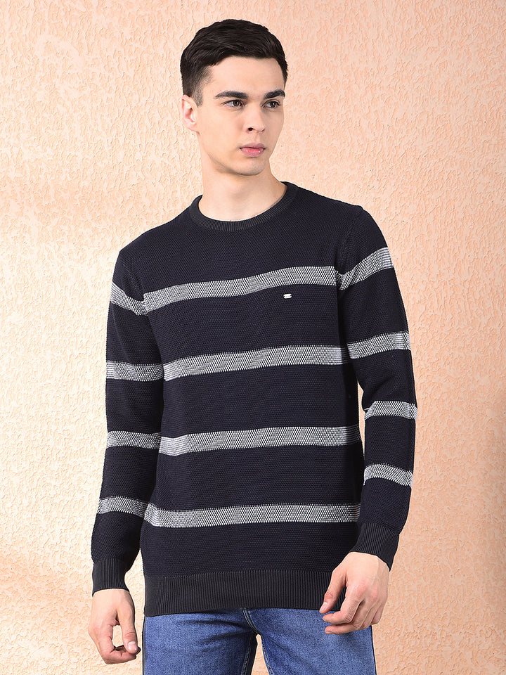 COBB NAVY BLUE STRIPED ROUND NECK SWEATER