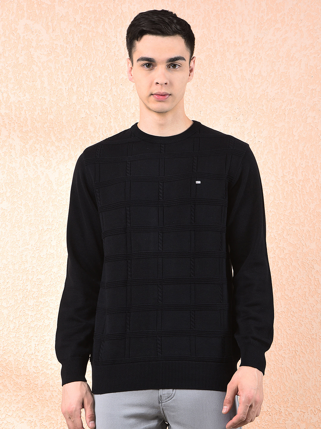 cobb black self-design round neck sweater