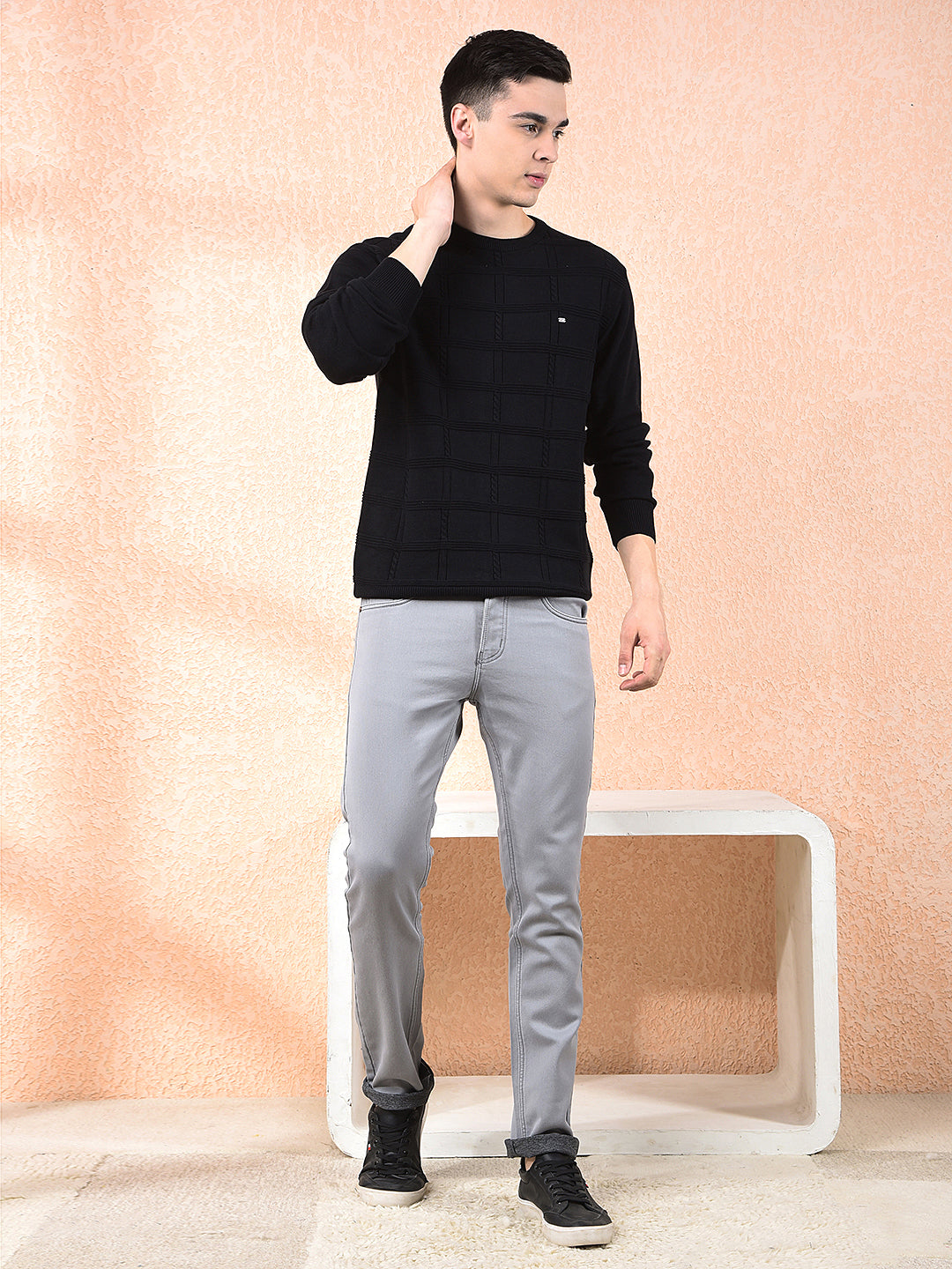 cobb black self-design round neck sweater