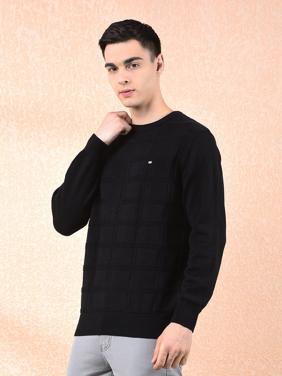 COBB BLACK SELF-DESIGN ROUND NECK SWEATER