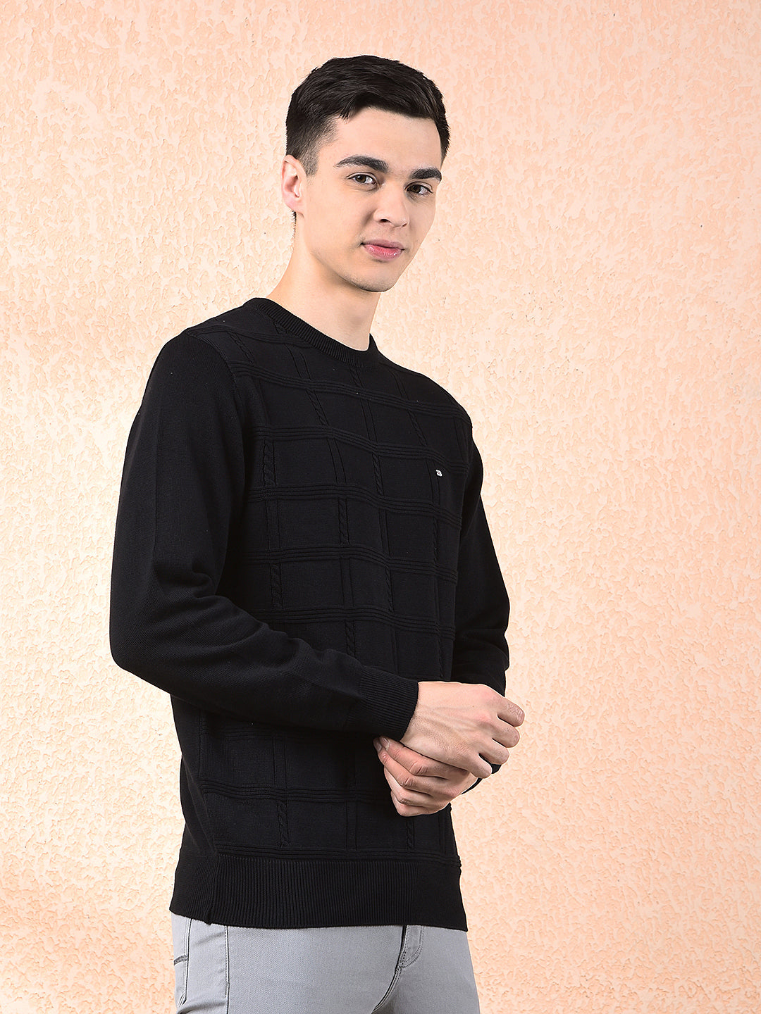 COBB BLACK SELF-DESIGN ROUND NECK SWEATER