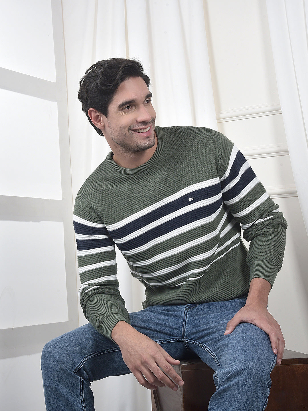 cobb mehandi striped round neck sweater