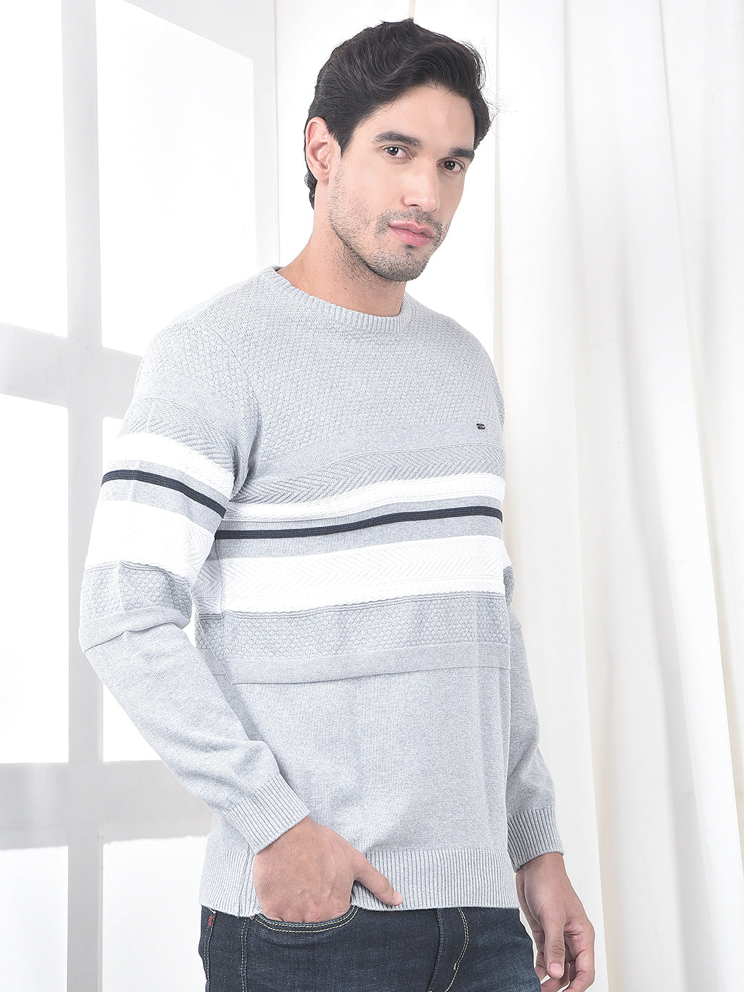 cobb light grey striped round neck sweater