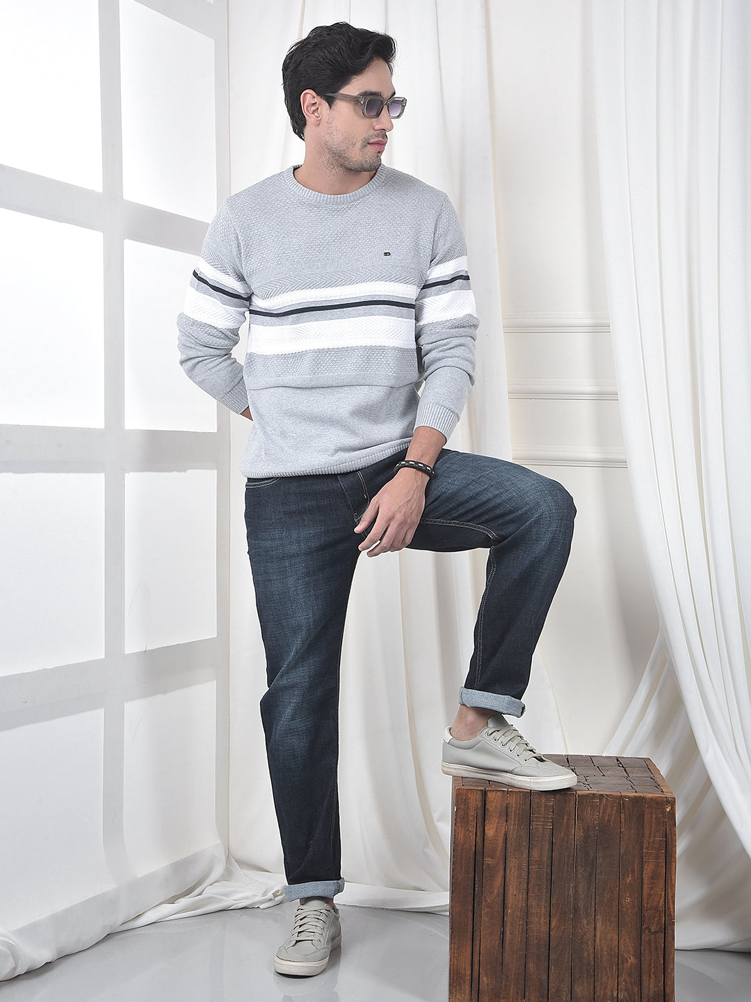 COBB LIGHT GREY STRIPED ROUND NECK SWEATER