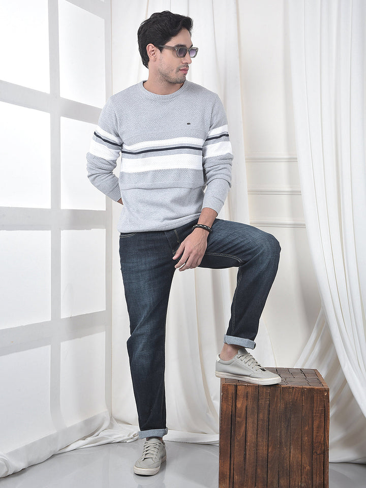COBB LIGHT GREY STRIPED ROUND NECK SWEATER