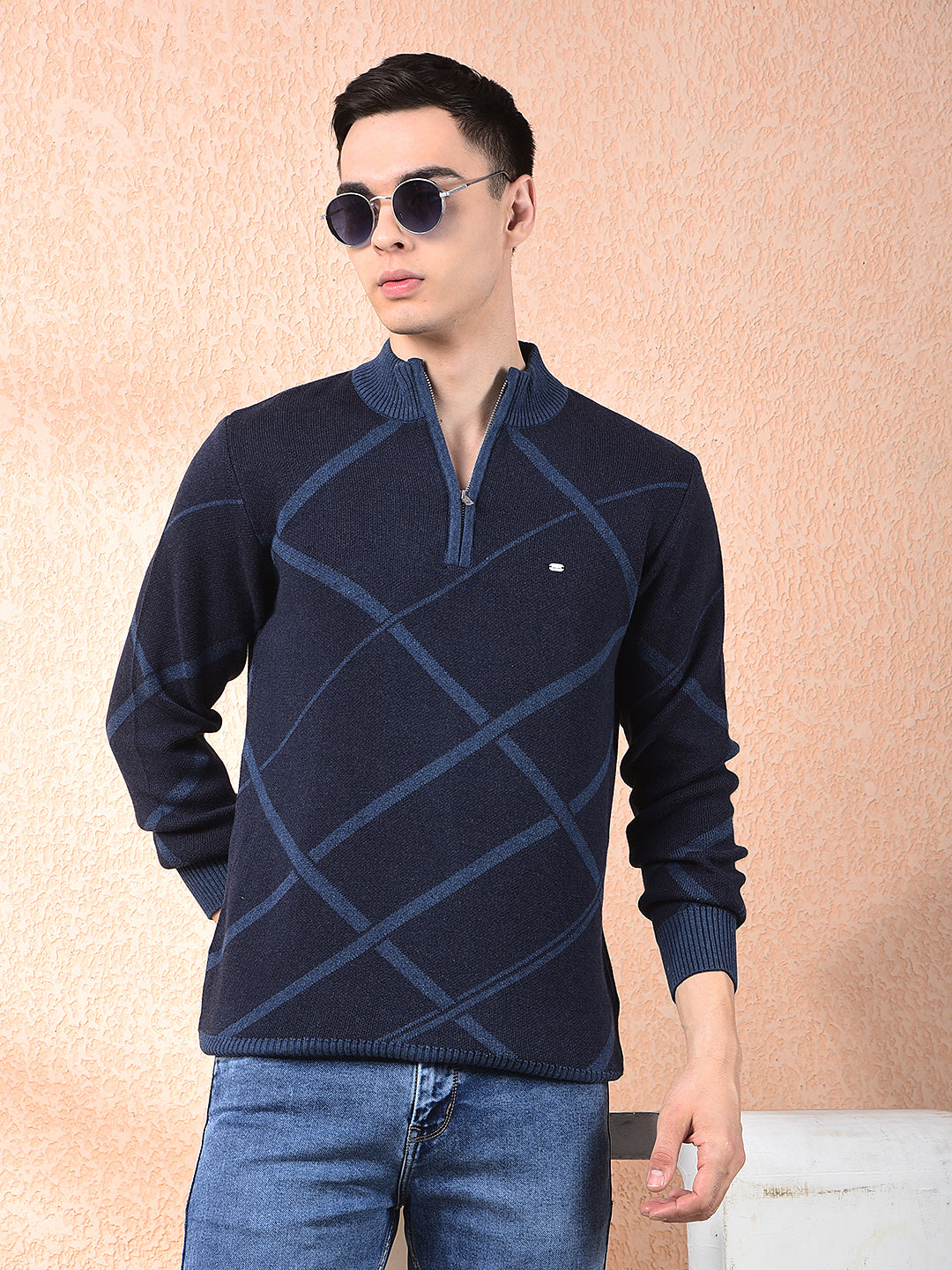 cobb navy blue striped zipper sweater