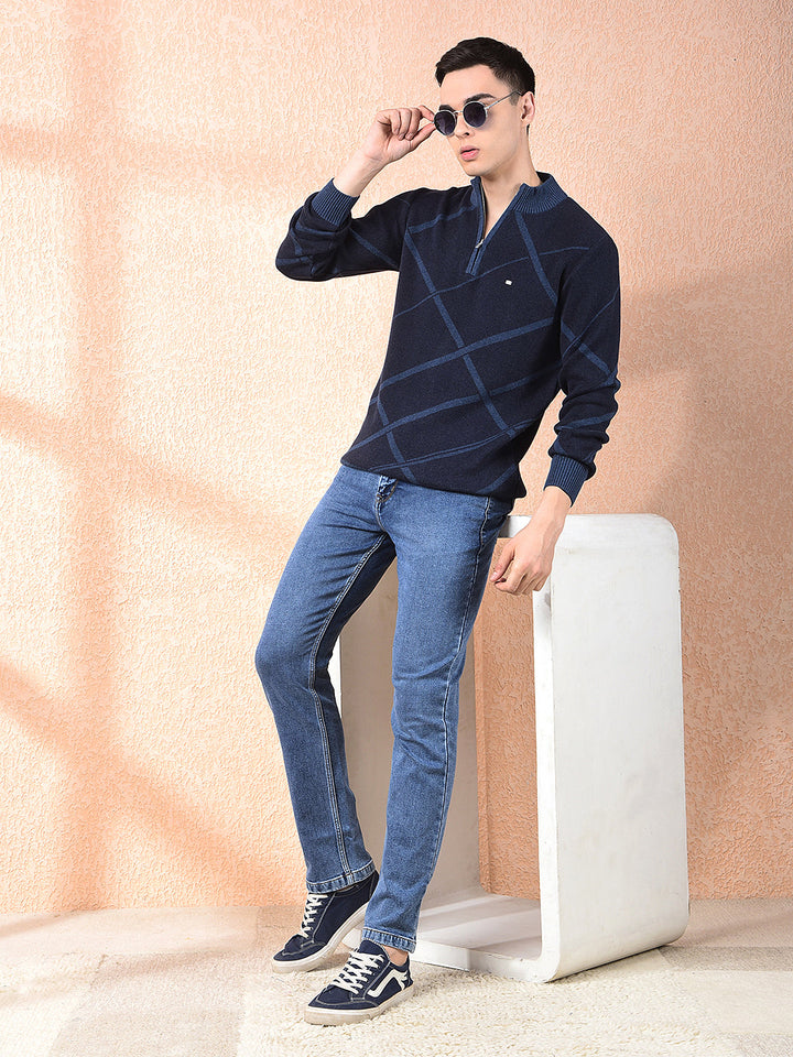 COBB NAVY BLUE STRIPED ZIPPER SWEATER