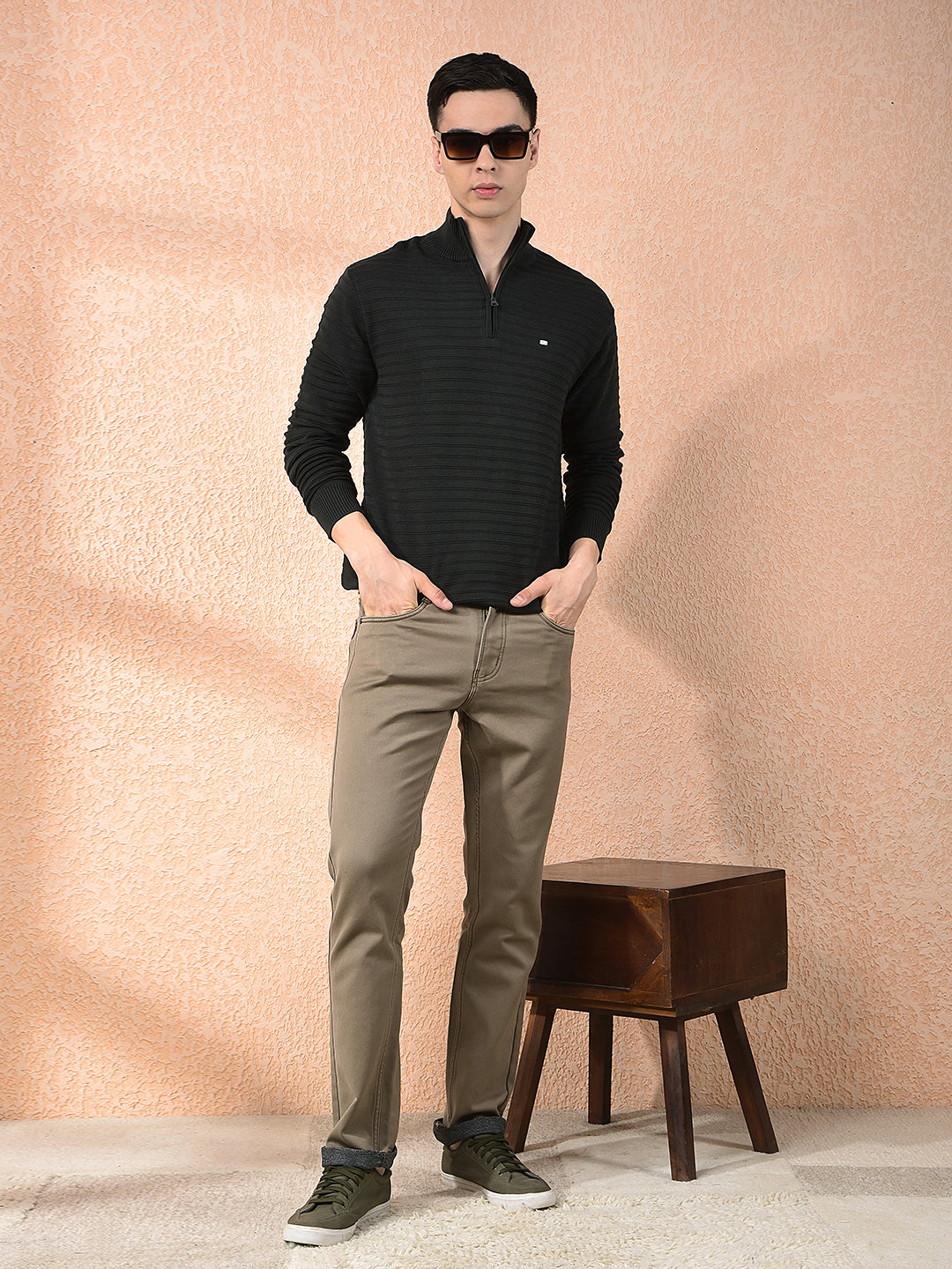 COBB OLIVE STRIPED ZIPPER SWEATER