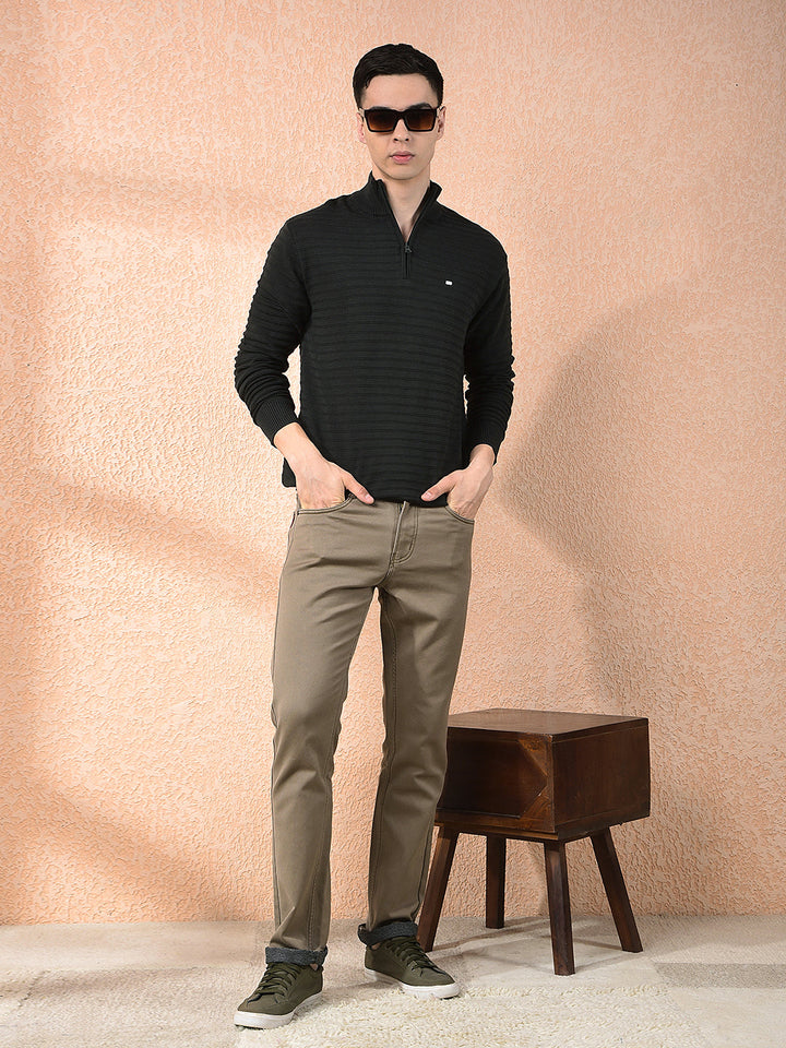 COBB OLIVE STRIPED ZIPPER SWEATER