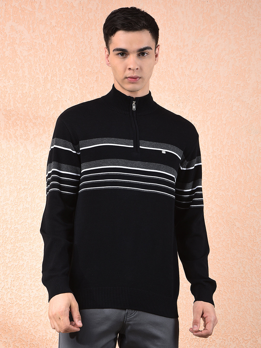 COBB BLACK STRIPED ZIPPER SWEATER