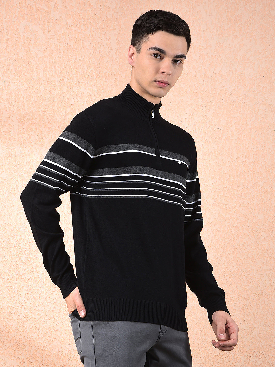 COBB BLACK STRIPED ZIPPER SWEATER