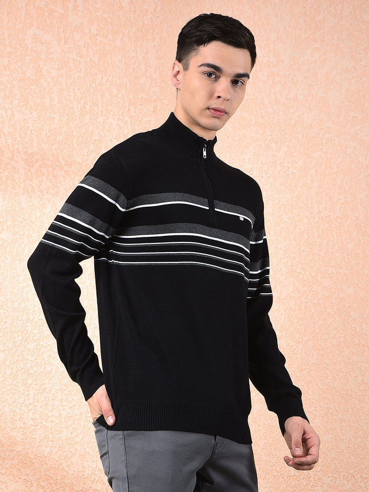 COBB BLACK STRIPED ZIPPER SWEATER