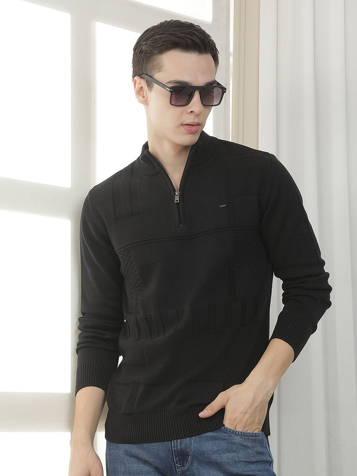 black self-design zipper sweater