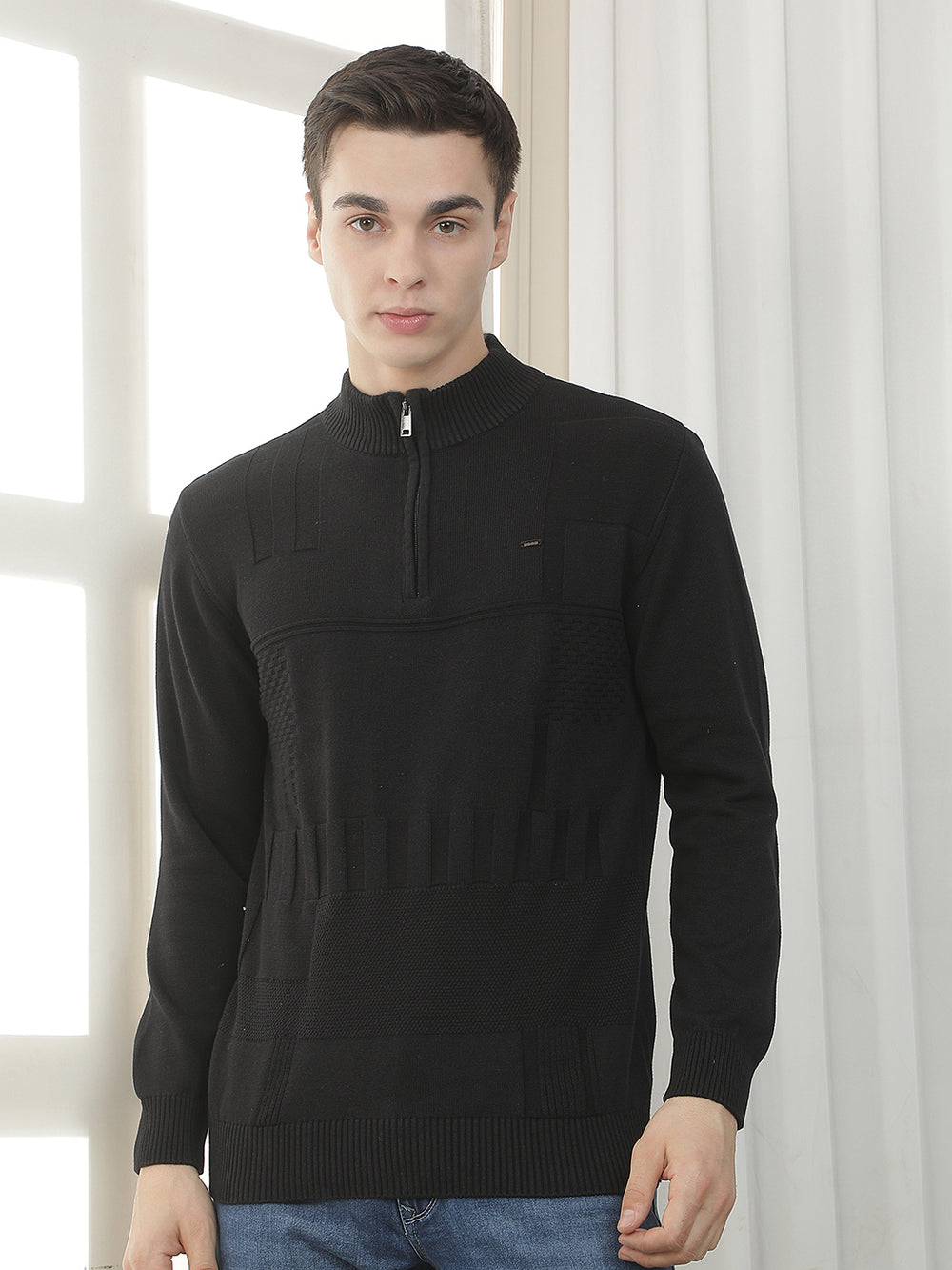 black self-design zipper sweater
