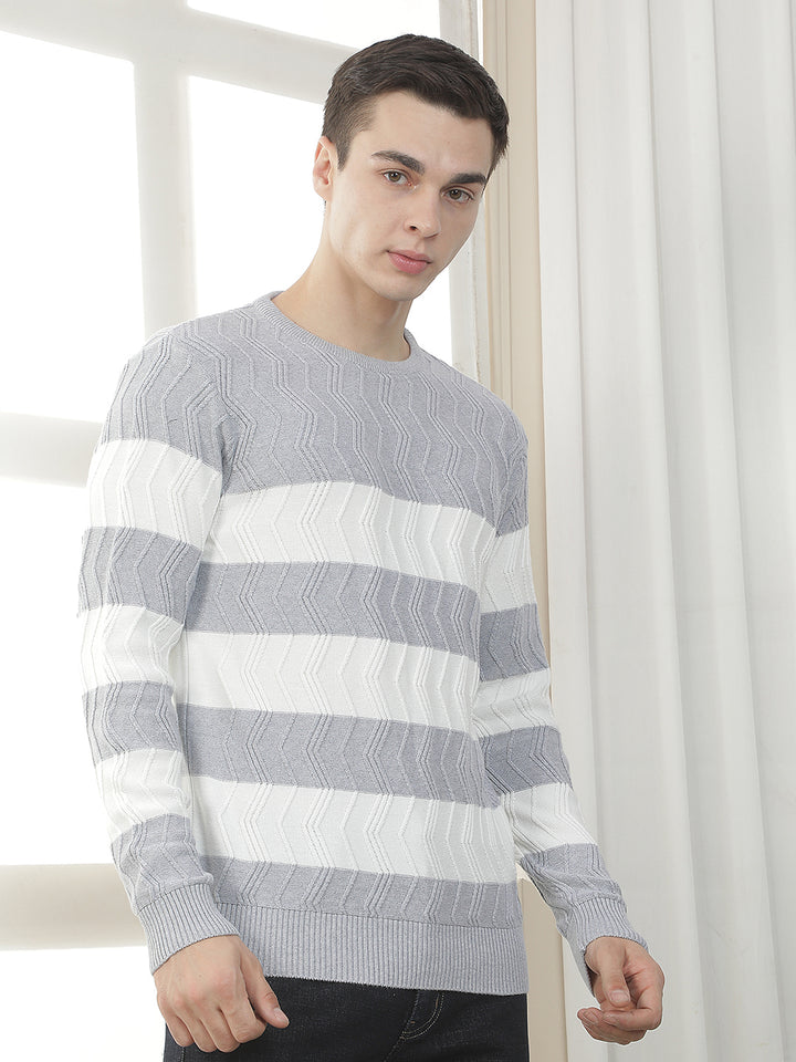 LIGHT GREY COLOR-BLOCK ROUND SWEATER